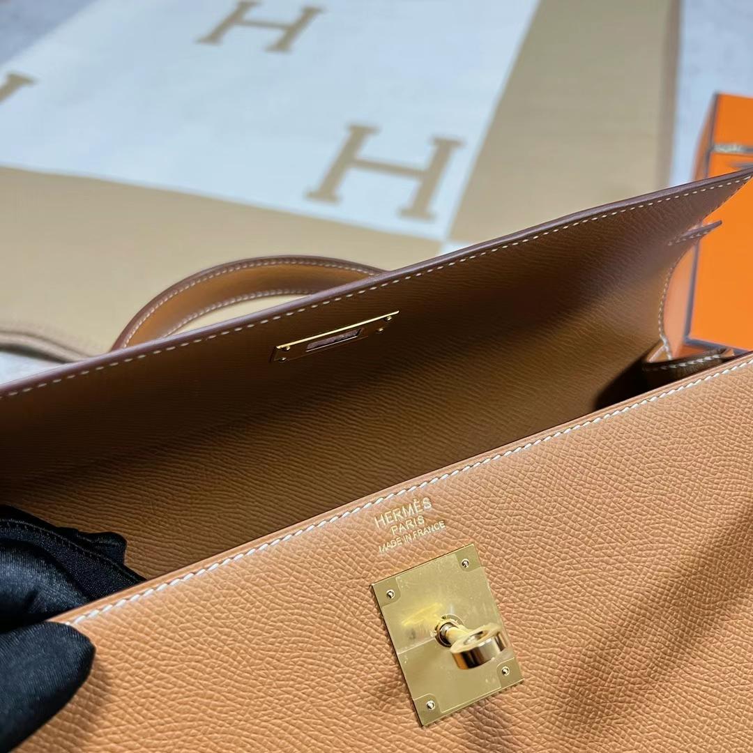 Hermès（爱马仕）Kelly 凯莉包 Epsom Ck37 金棕色 金扣 32cm 全手工蜡线缝制 Ghw