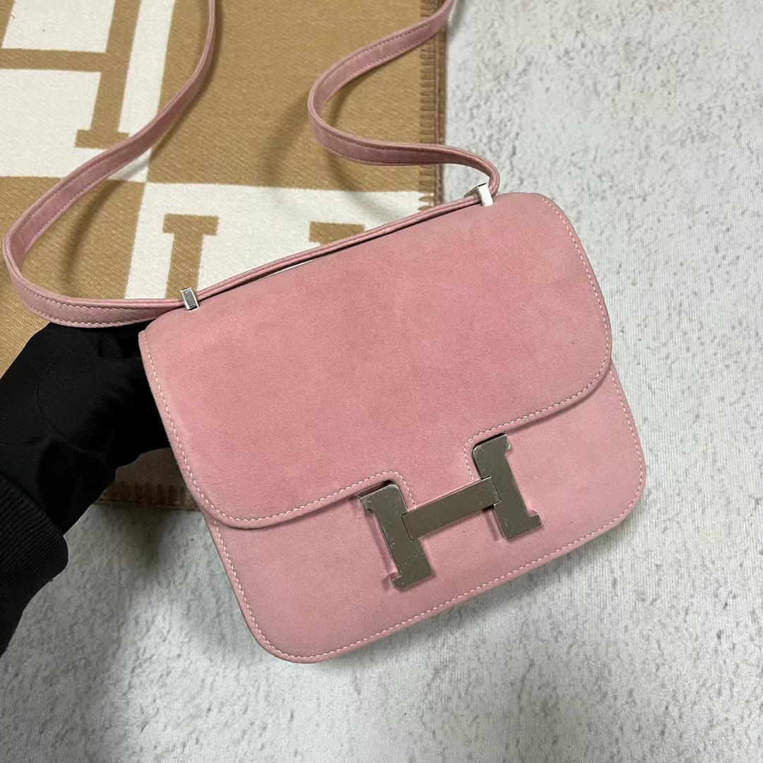 Hermès（爱马仕）Constance 康斯坦斯 Suede 进口麂皮 T5 干玫瑰粉 银扣 19cm