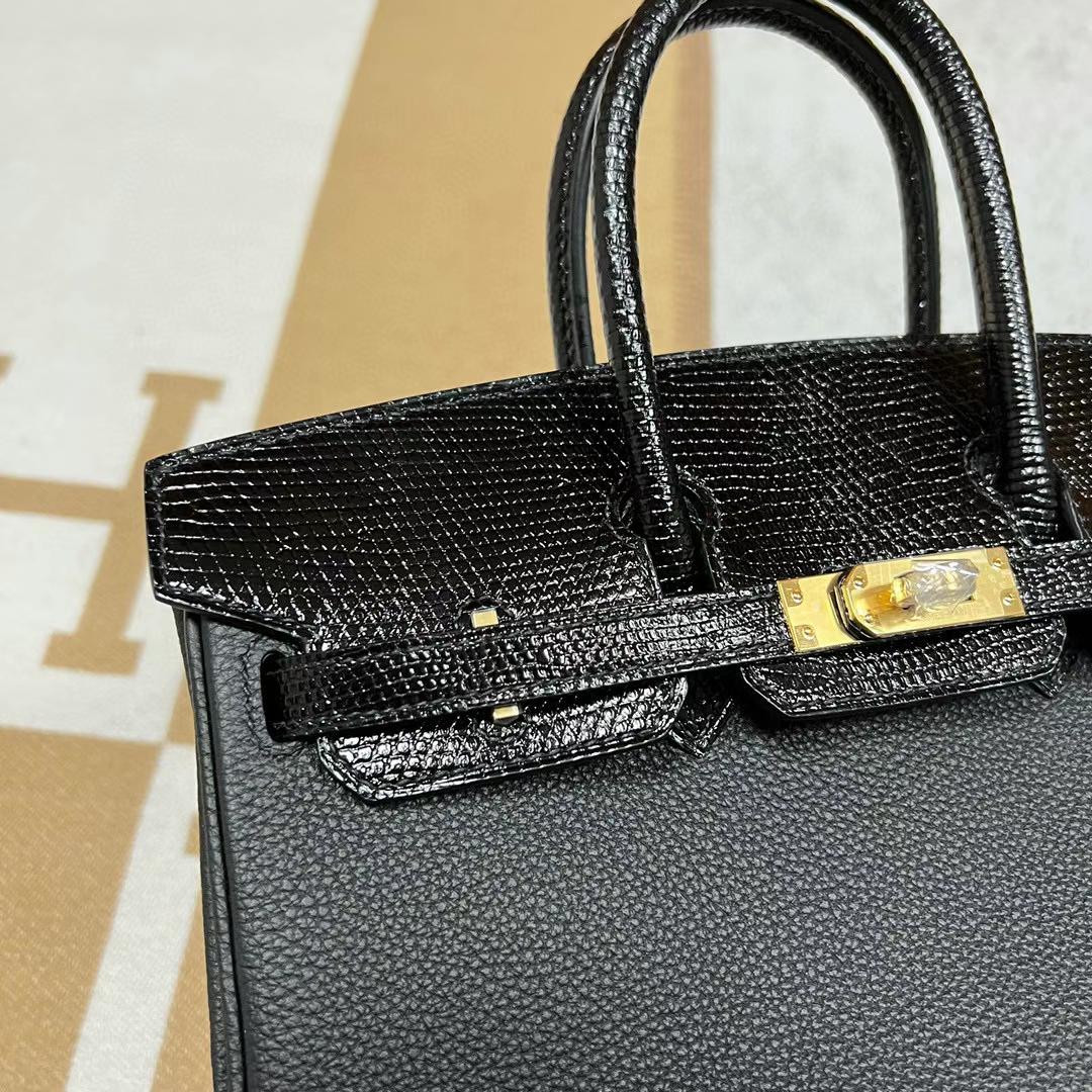 Hermès（爱马仕）Birkin Touch Togo皮 拼 亮面蜥蜴皮 Ck89 黑色 金扣 25cm