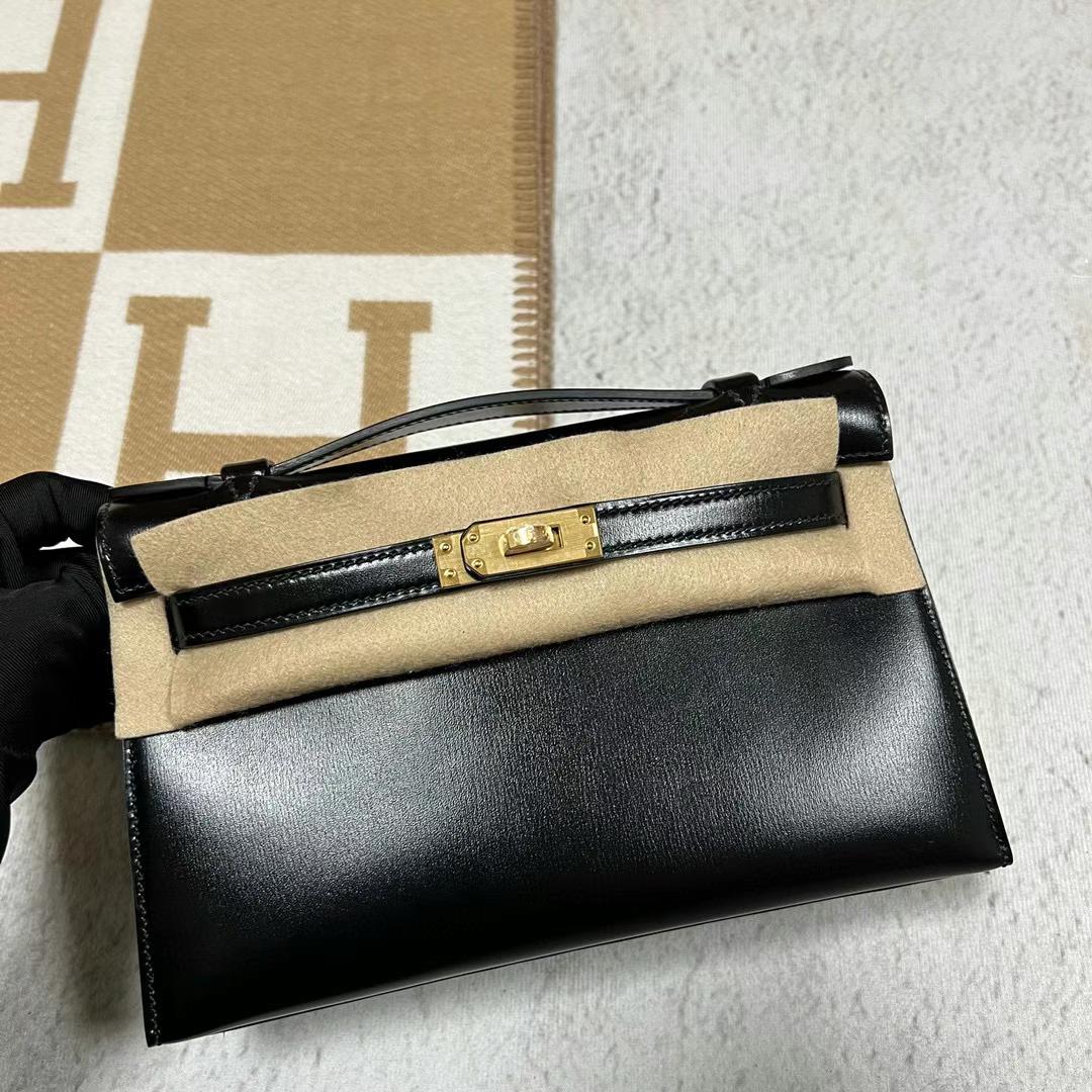 Hermès（爱马仕）Mini Kelly Pochette Boxcalf Ck89 黑色 金扣 22cm