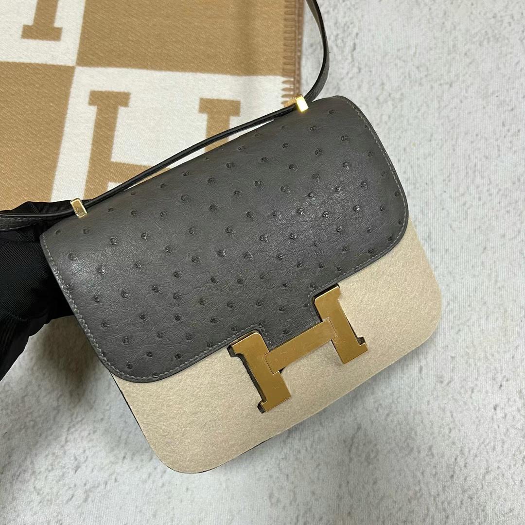 Hermès（爱马仕）Constance 康斯坦斯 Ostrich 原厂kk进口鸵鸟皮 Ck88 石墨灰 金扣 19cm
