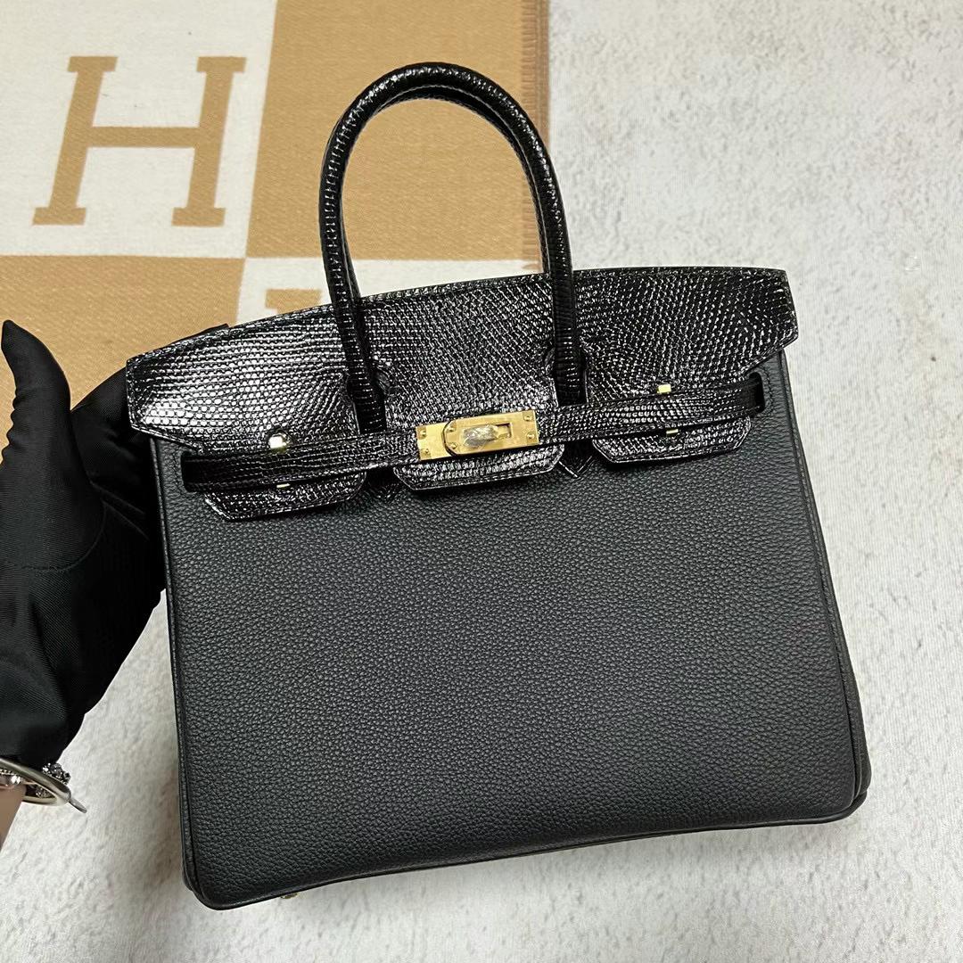 Hermès（爱马仕）Birkin Touch Togo皮 拼 亮面蜥蜴皮 Ck89 黑色 金扣 25cm