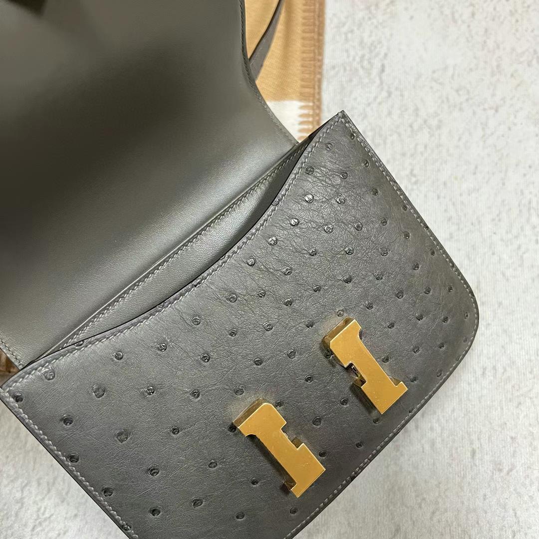 Hermès（爱马仕）Constance 康斯坦斯 Ostrich 原厂kk进口鸵鸟皮 Ck88 石墨灰 金扣 19cm