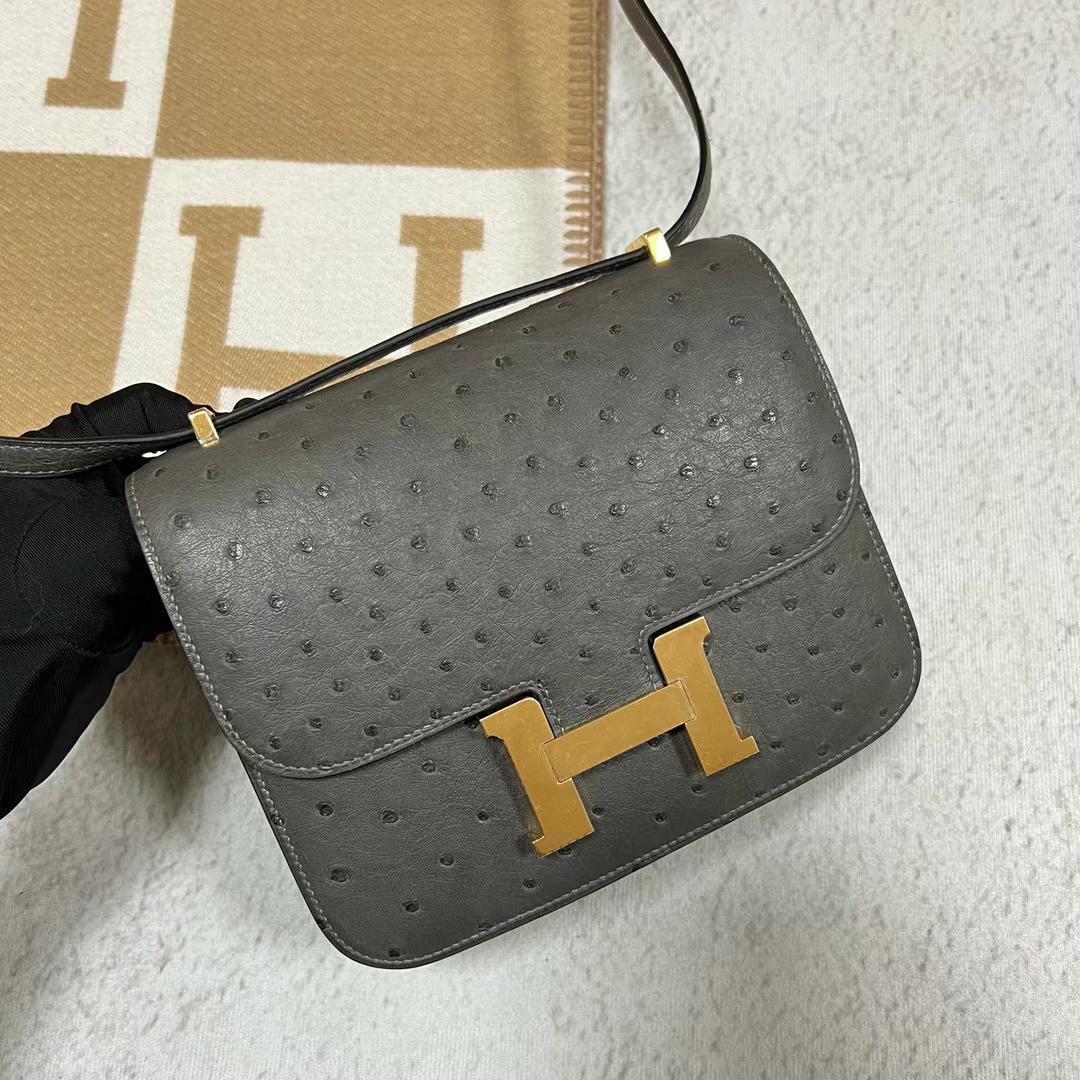 Hermès（爱马仕）Constance 康斯坦斯 Ostrich 原厂kk进口鸵鸟皮 Ck88 石墨灰 金扣 19cm