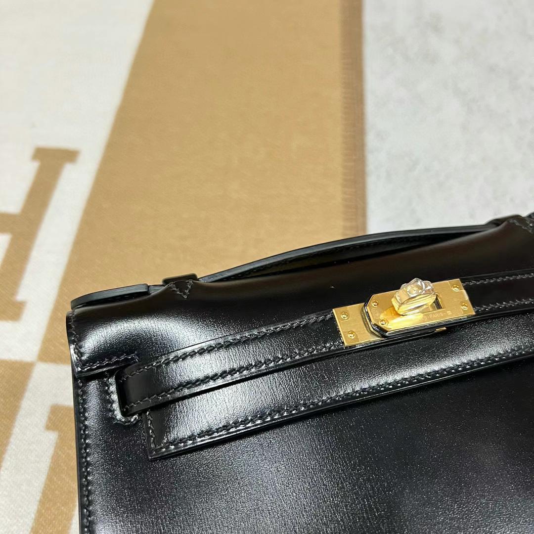 Hermès（爱马仕）Mini Kelly Pochette Boxcalf Ck89 黑色 金扣 22cm