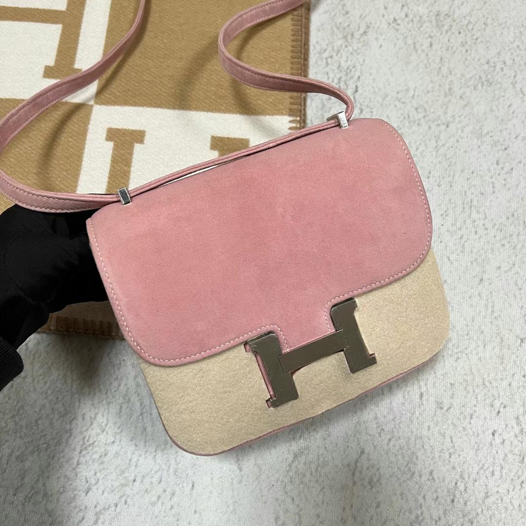 Hermès（爱马仕）Constance 康斯坦斯 Suede 进口麂皮 T5 干玫瑰粉 银扣 19cm
