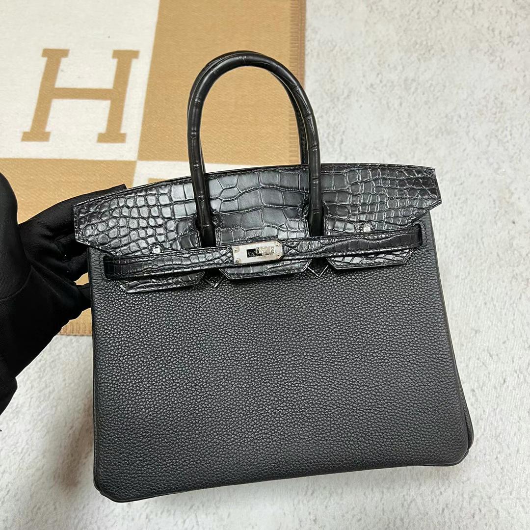 Hermès（爱马仕）Birkin Touch Togo皮 拼 雾面美洲鳄 Ck89 黑色 银扣 25cm