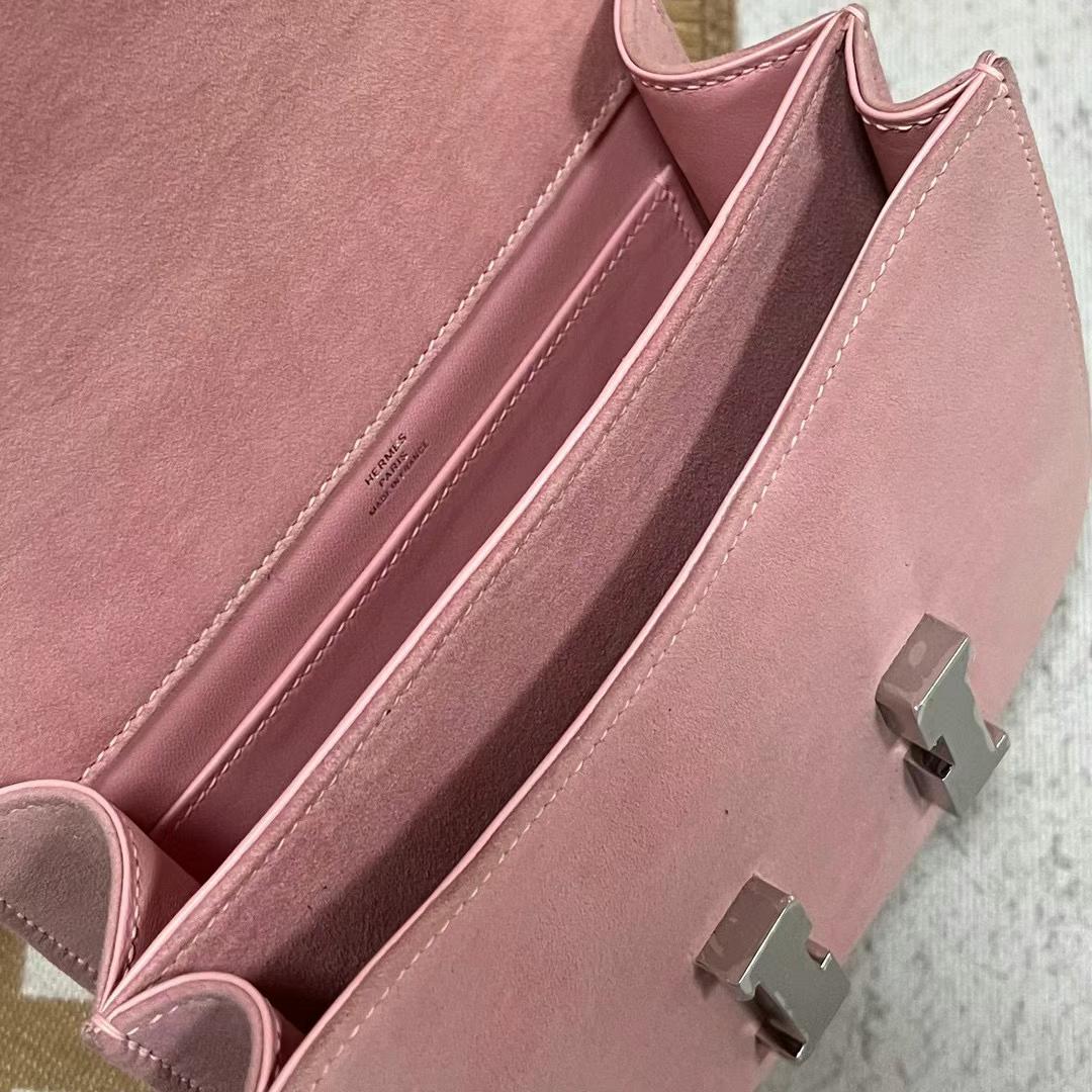 Hermès（爱马仕）Constance 康斯坦斯 Suede 进口麂皮 T5 干玫瑰粉 银扣 19cm
