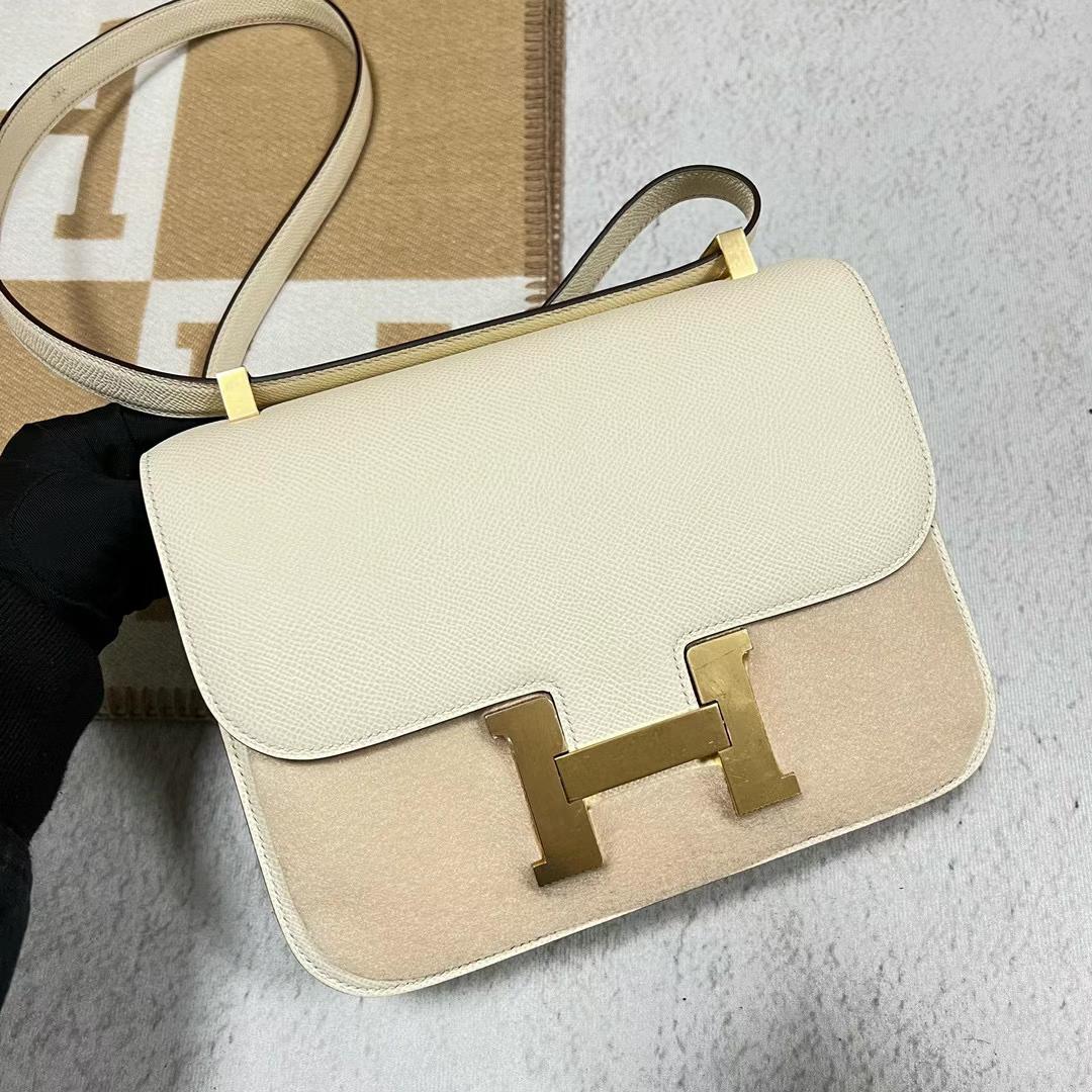 Hermès（爱马仕）Constance 康斯坦斯 新款单层镜子款 Epsom i2 奶油白 金扣 24cm
