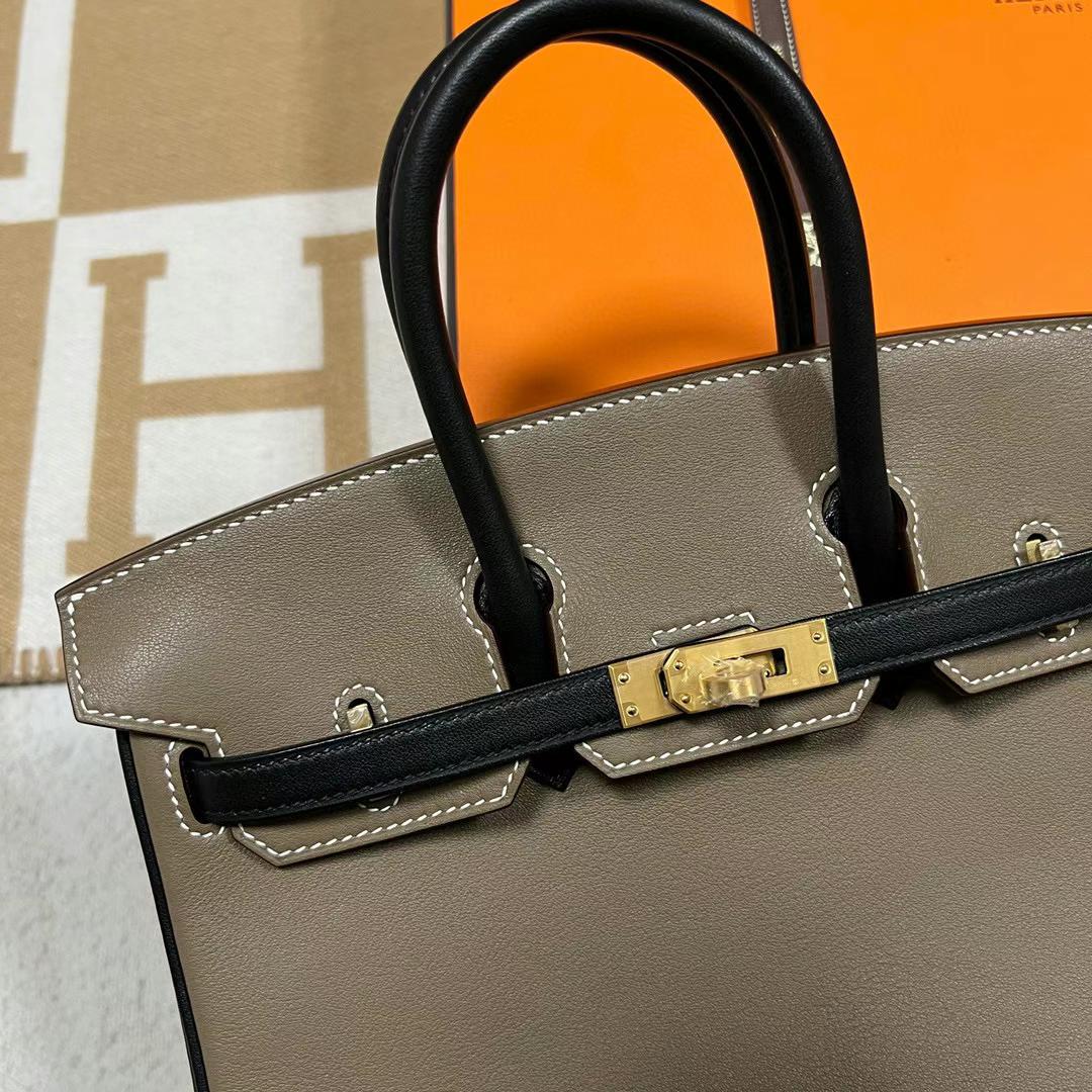 Hermès（爱马仕）Birkin 铂金包 Swift Ck18 大象灰 拼 Ck89 黑色 拉丝金扣 25cm 全手工蜡线缝制 Mghw