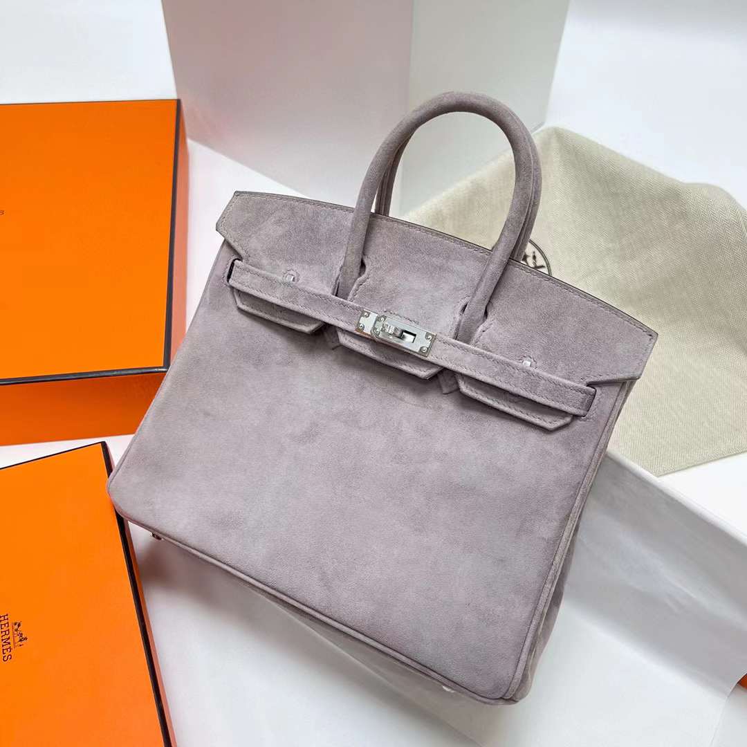 Hermès（爱马仕）Birkin 铂金包 Suede 麂皮 灰色 银扣 25cm 全手工蜡线缝制 Phw