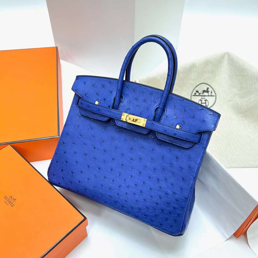 Hermès（爱马仕）Birkin 铂金包 Ostrich 进口鸵鸟皮 7T 电光蓝 金扣 25cm 全手工蜡线缝制 Ghw
