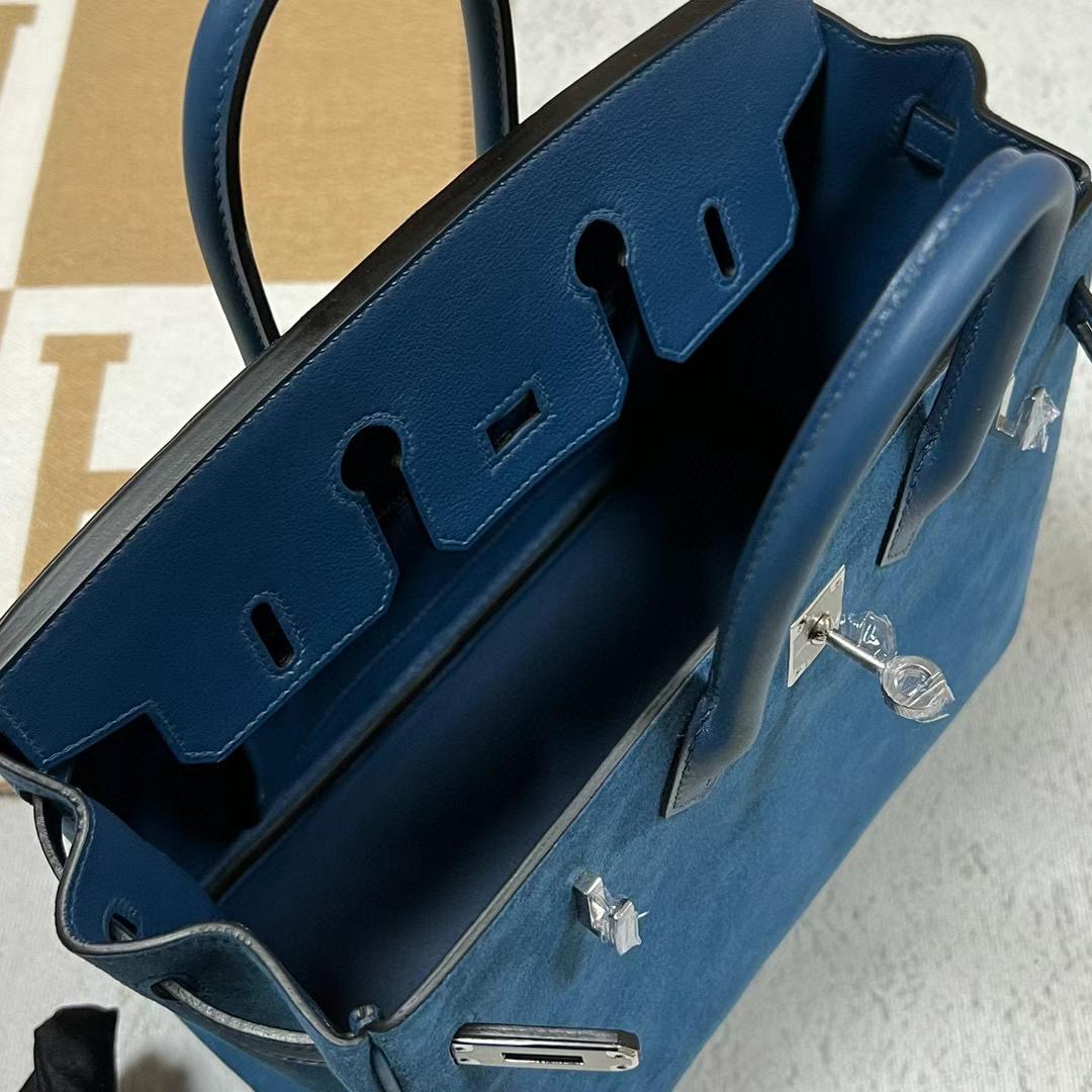 Hermès（爱马仕）Birkin 铂金包 Grizzly 麂皮 拼 Swift O8 皇家蓝 银扣 25cm