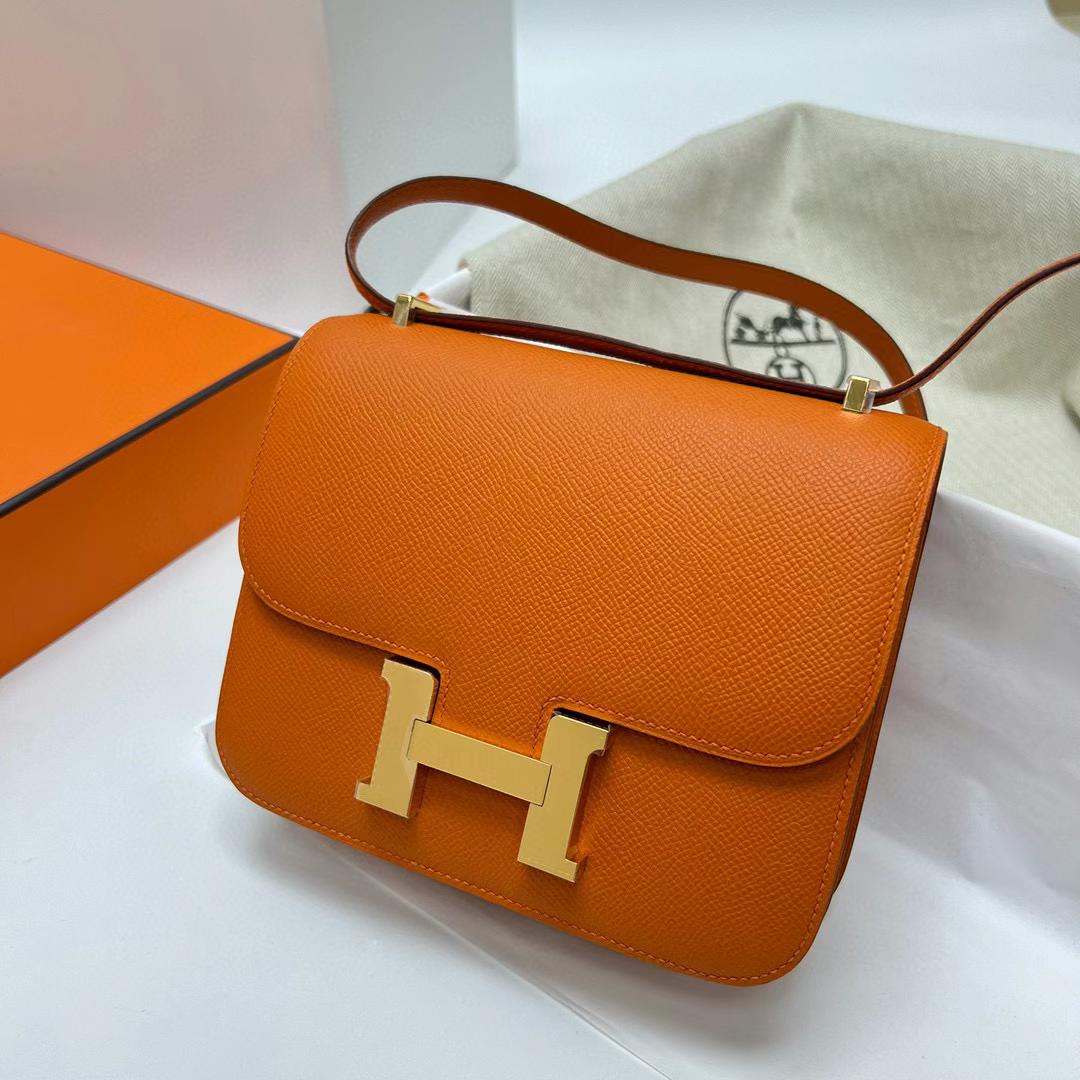 Hermès（爱马仕）Constance 空姐包 Epsom Ck93 橙色 金扣 19cm 全手工蜡线缝制 Ghw