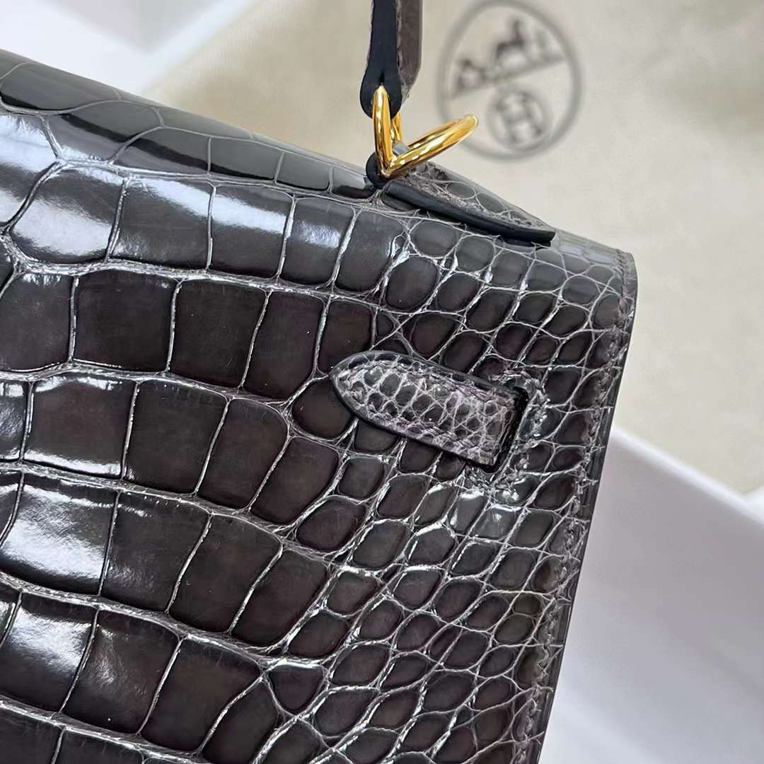 Hermès（爱马仕）Kelly 凯莉包 亮面美洲鳄鱼 shiny alligator crocodile Ck88 石墨灰 金扣 25cm 全手工缝制 Ghw