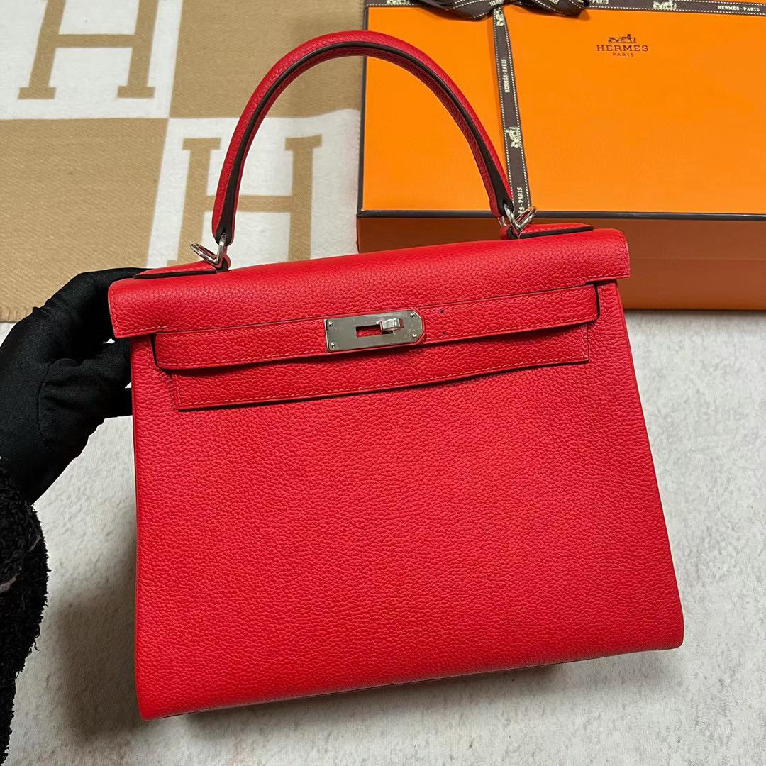 Hermès（爱马仕）Kelly 凯莉包 Togo皮 S3 心红色 银扣 28cm 全手工蜡线缝制 Phw