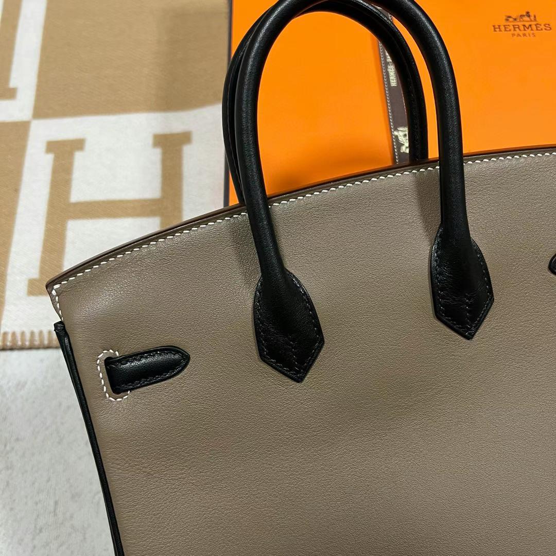 Hermès（爱马仕）Birkin 铂金包 Swift Ck18 大象灰 拼 Ck89 黑色 拉丝金扣 25cm 全手工蜡线缝制 Mghw