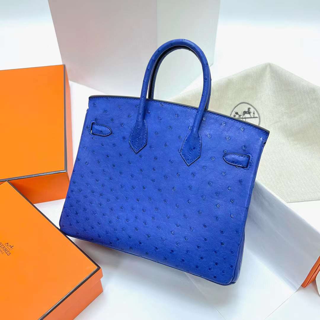 Hermès（爱马仕）Birkin 铂金包 Ostrich 进口鸵鸟皮 7T 电光蓝 金扣 25cm 全手工蜡线缝制 Ghw