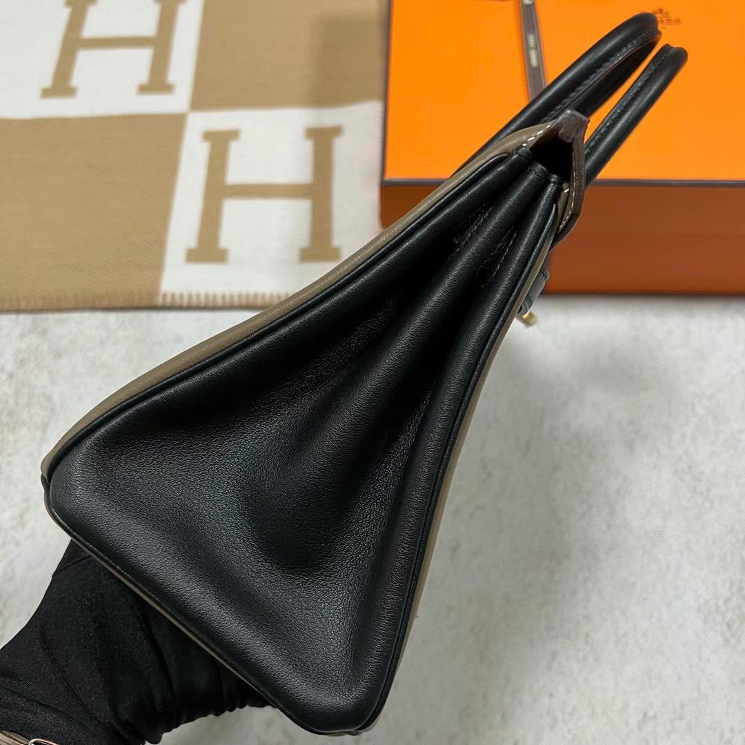 Hermès（爱马仕）Birkin 铂金包 Swift Ck18 大象灰 拼 Ck89 黑色 拉丝金扣 25cm 全手工蜡线缝制 Mghw