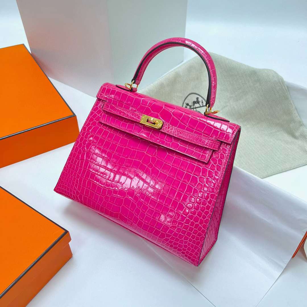 Hermès（爱马仕）Kelly 凯莉包 亮面倒v澳洲湾鳄 Shiny Porosus Crocodile 蜜桃粉 金扣 25cm 全手工缝制 Ghw
