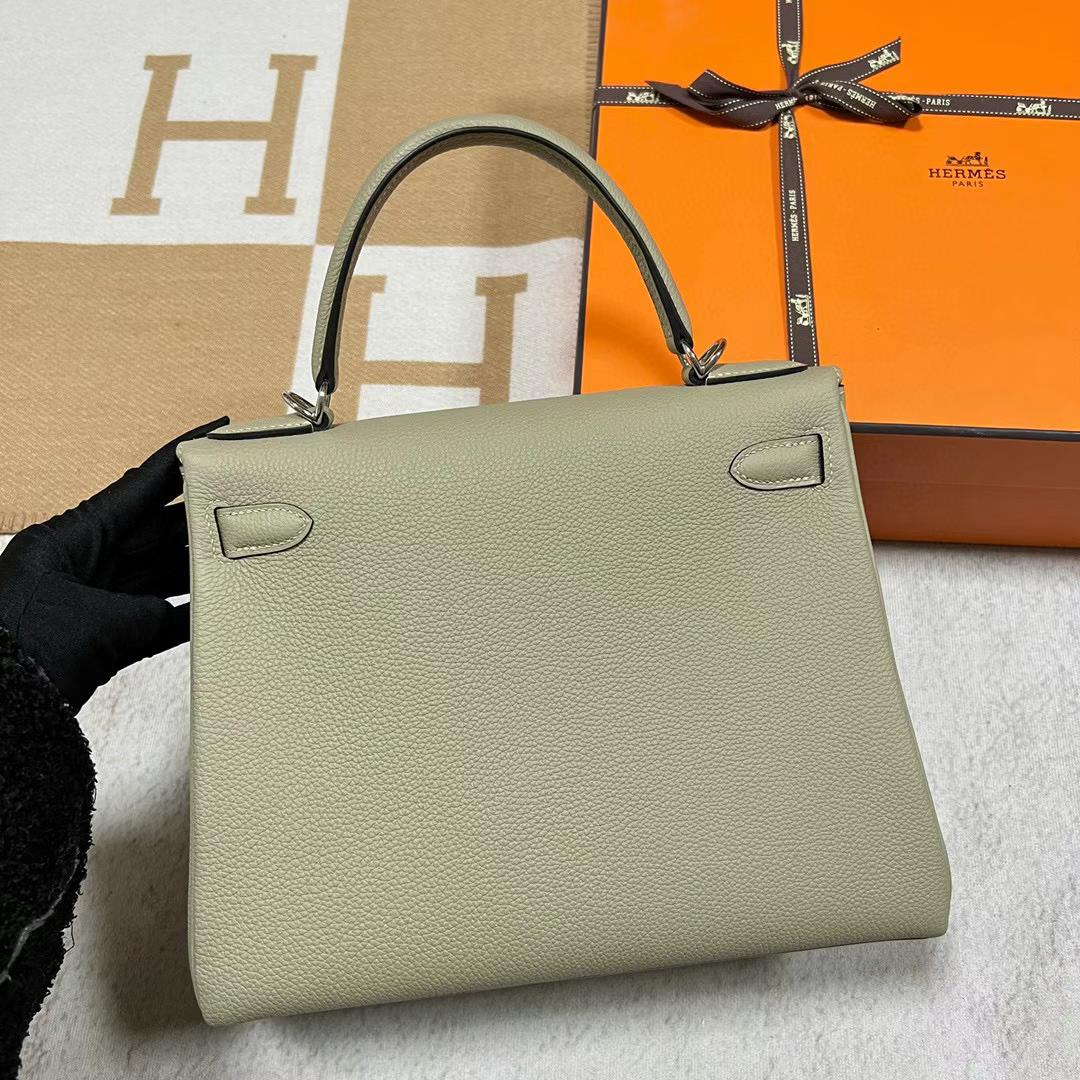 Hermès（爱马仕）Kelly 凯莉包 Togo皮 Q1 鼠尾草绿 银扣 28cm 全手工蜡线缝制 Phw