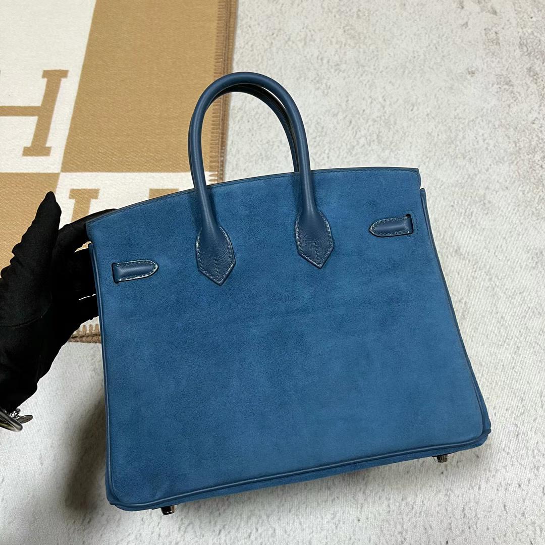 Hermès（爱马仕）Birkin 铂金包 Grizzly 麂皮 拼 Swift O8 皇家蓝 银扣 25cm