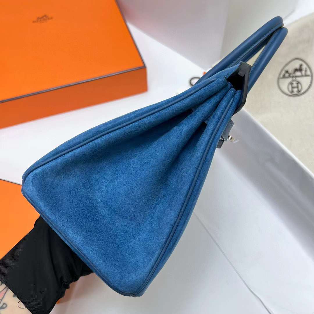 Hermès（爱马仕）Birkin 铂金包 Grizzly Swift 拼 Suede O8 皇家蓝 银扣 25cm 全手工蜡线缝制