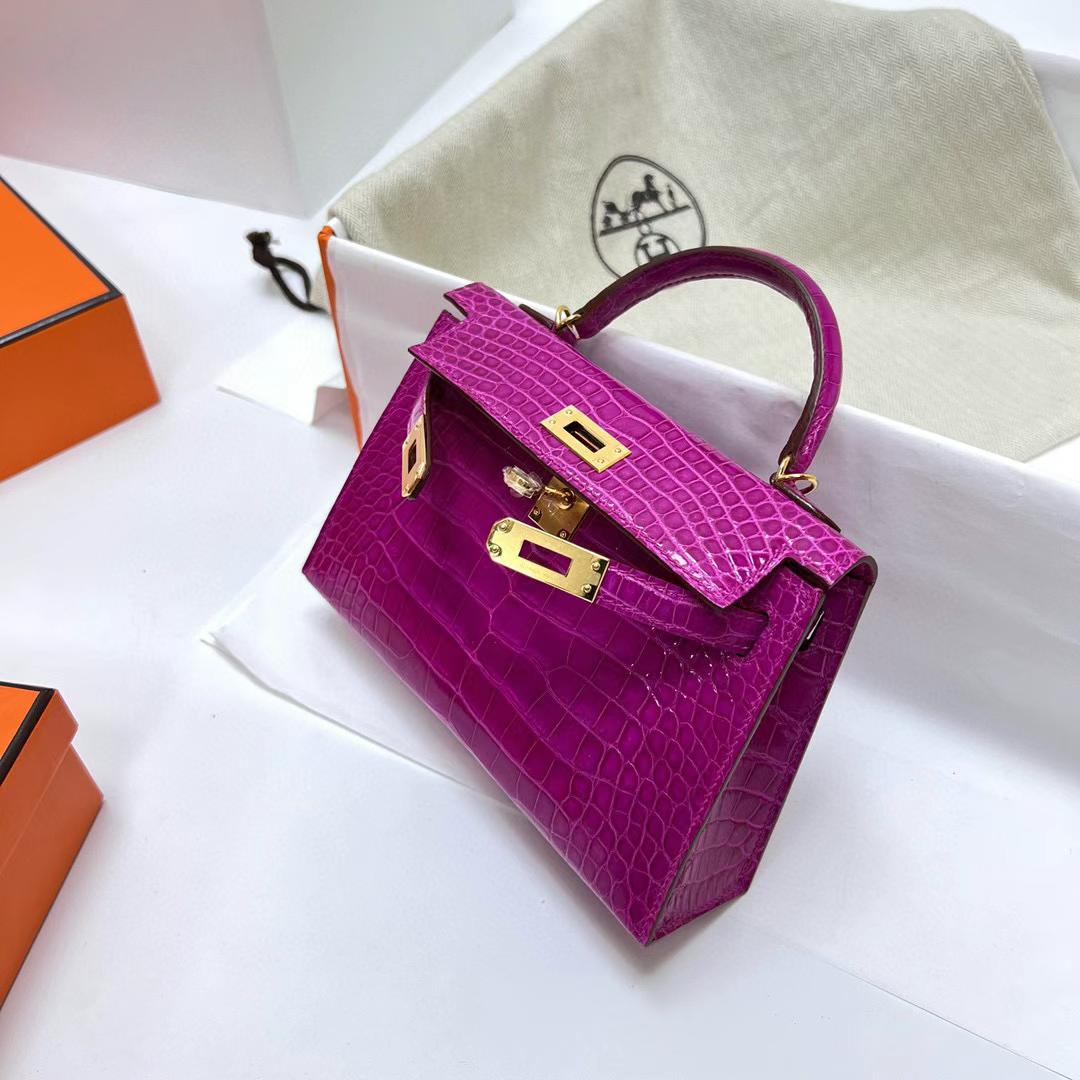 Hermès（爱马仕）Mini Kelly 迷你凯莉 亮面美洲鳄鱼 shiny alligator crocodile  J5 天方夜谭粉紫 金扣 19cm 全手工蜡线缝制 ghw
