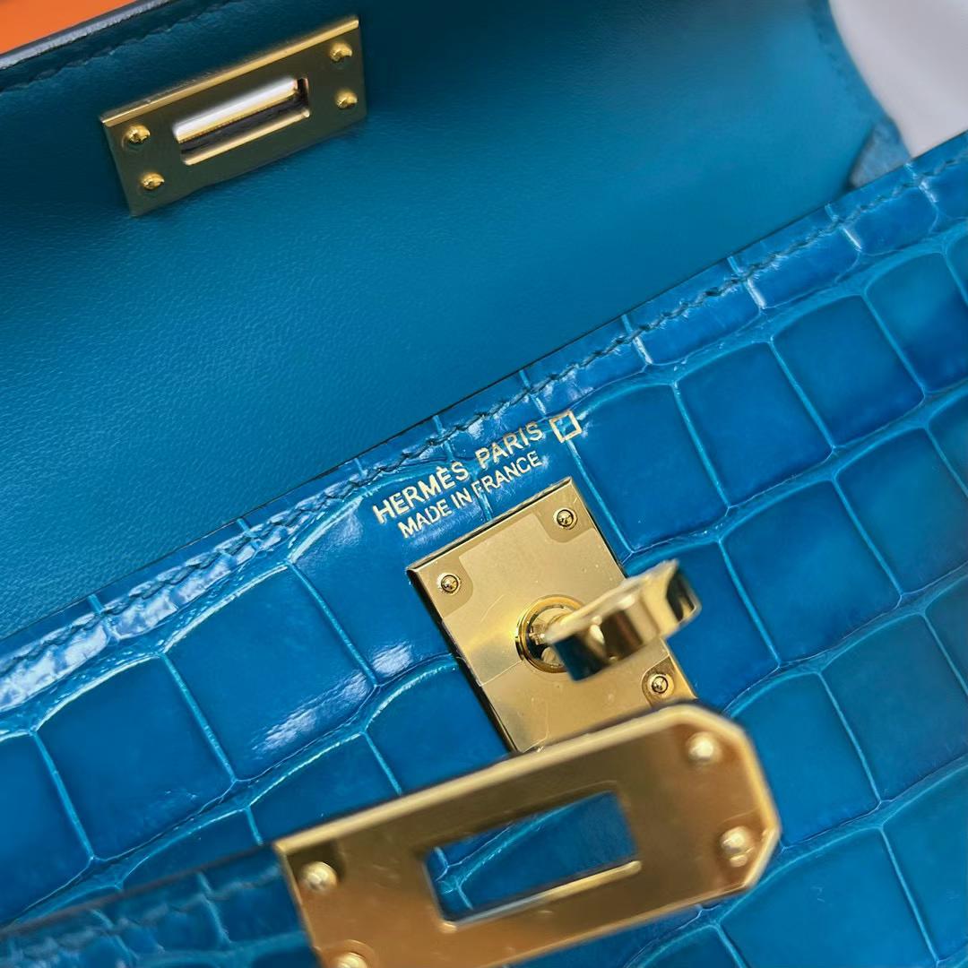 Hermès（爱马仕）Mini Kelly 迷你凯莉 亮面美洲鳄鱼 shiny alligator crocodile 7W 伊兹密尔蓝 金扣 19cm 全手工蜡线缝制 ghw