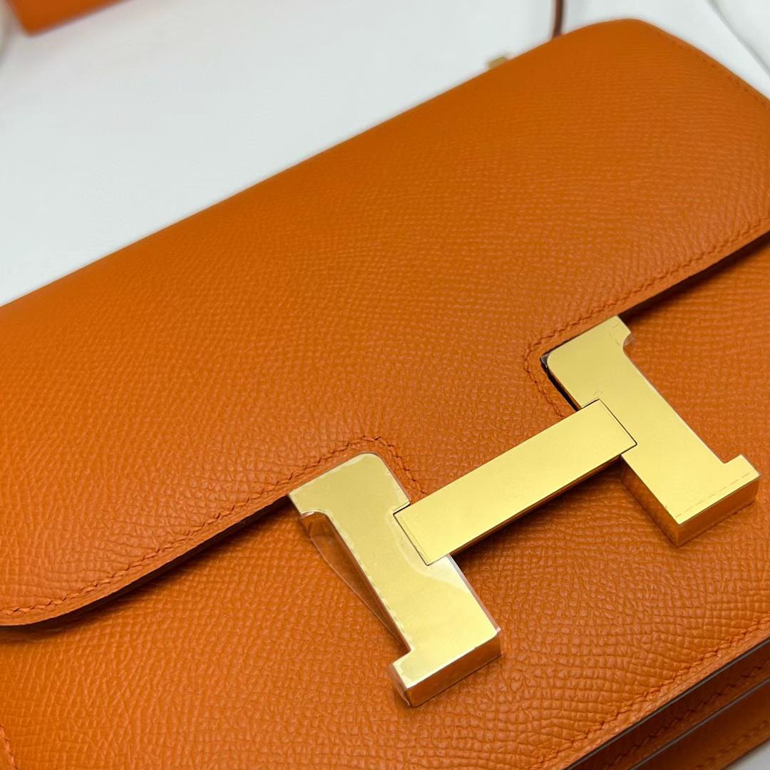 Hermès（爱马仕）Constance 空姐包 Epsom Ck93 橙色 金扣 19cm 全手工蜡线缝制 Ghw