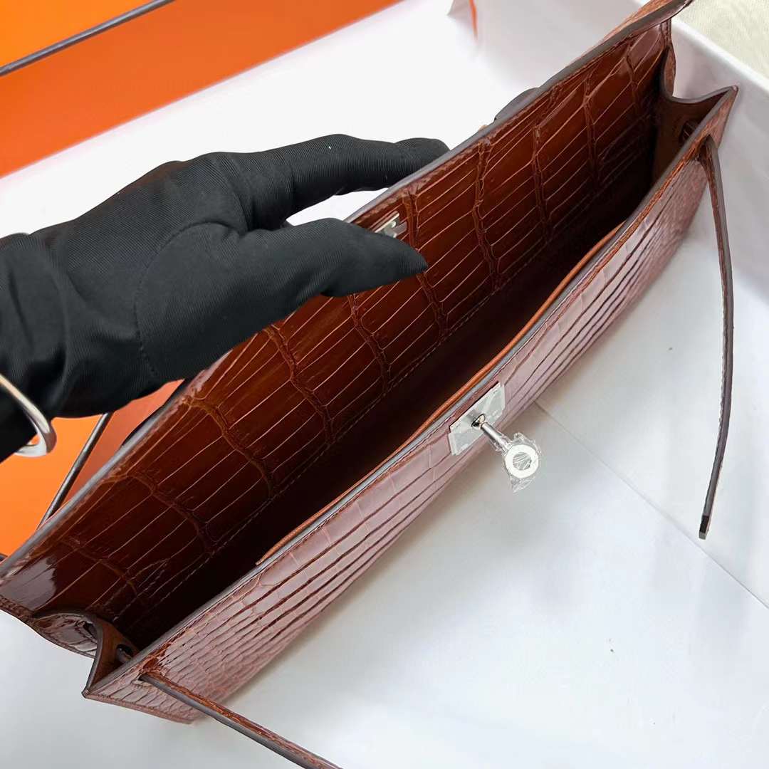 Hermès（爱马仕）Kelly cut 亮面倒v澳洲湾鳄 shiny porosus crocodile Ck31 蜜糖棕 银扣 31cm 全手工蜡线缝制
