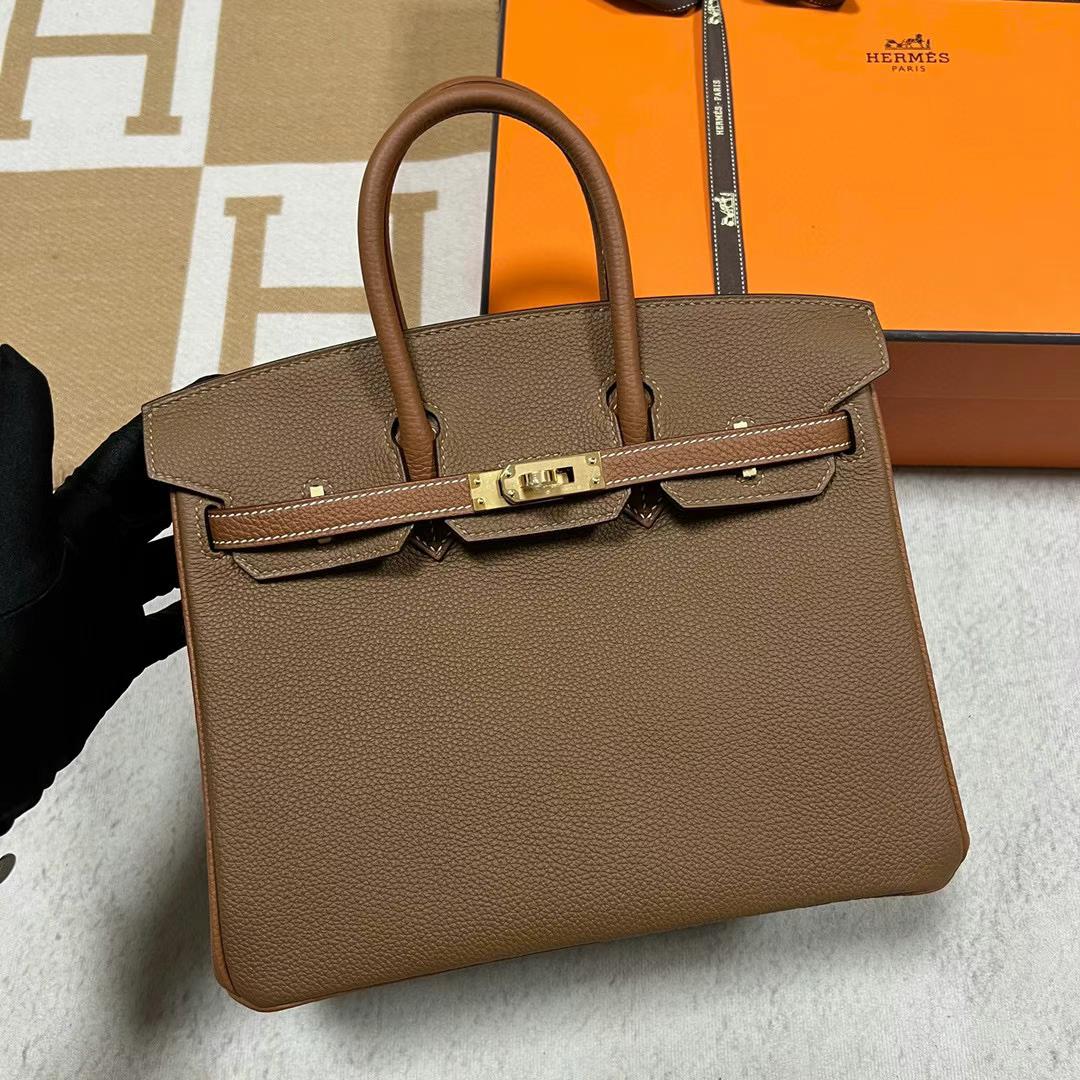 Hermès（爱马仕）Birkin 铂金包 Togo 3G 栗子棕 拼 Ck37 金棕色 金扣 25cm 全手工蜡线缝制 Ghw