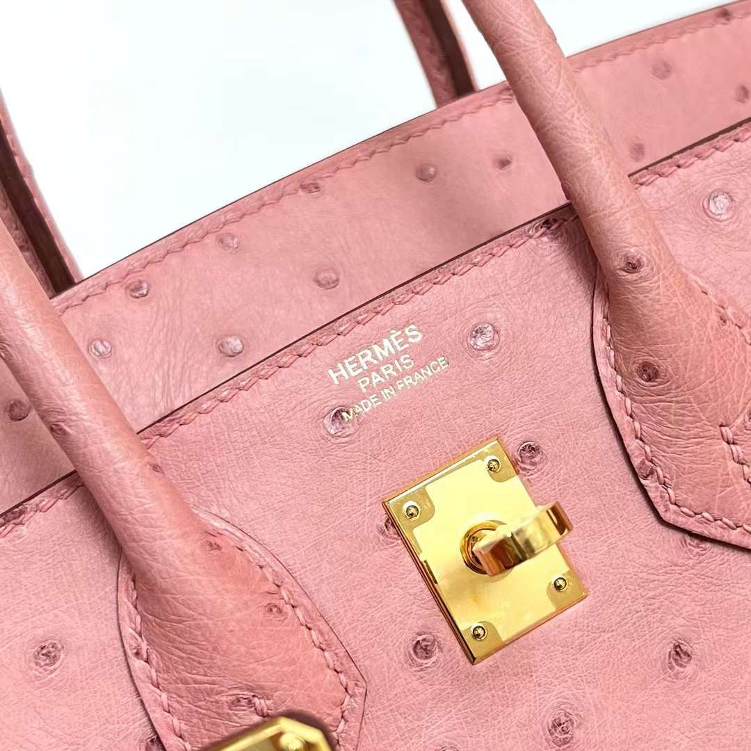 Hermès（爱马仕）Birkin 铂金包 Ostrich 进口鸵鸟皮 Ck94 陶瓷粉 金扣 25cm 全手工蜡线缝制 Ghw
