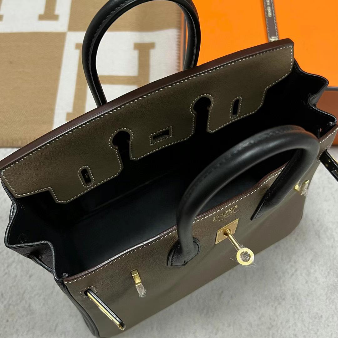 Hermès（爱马仕）Birkin 铂金包 Swift Ck18 大象灰 拼 Ck89 黑色 拉丝金扣 25cm 全手工蜡线缝制 Mghw