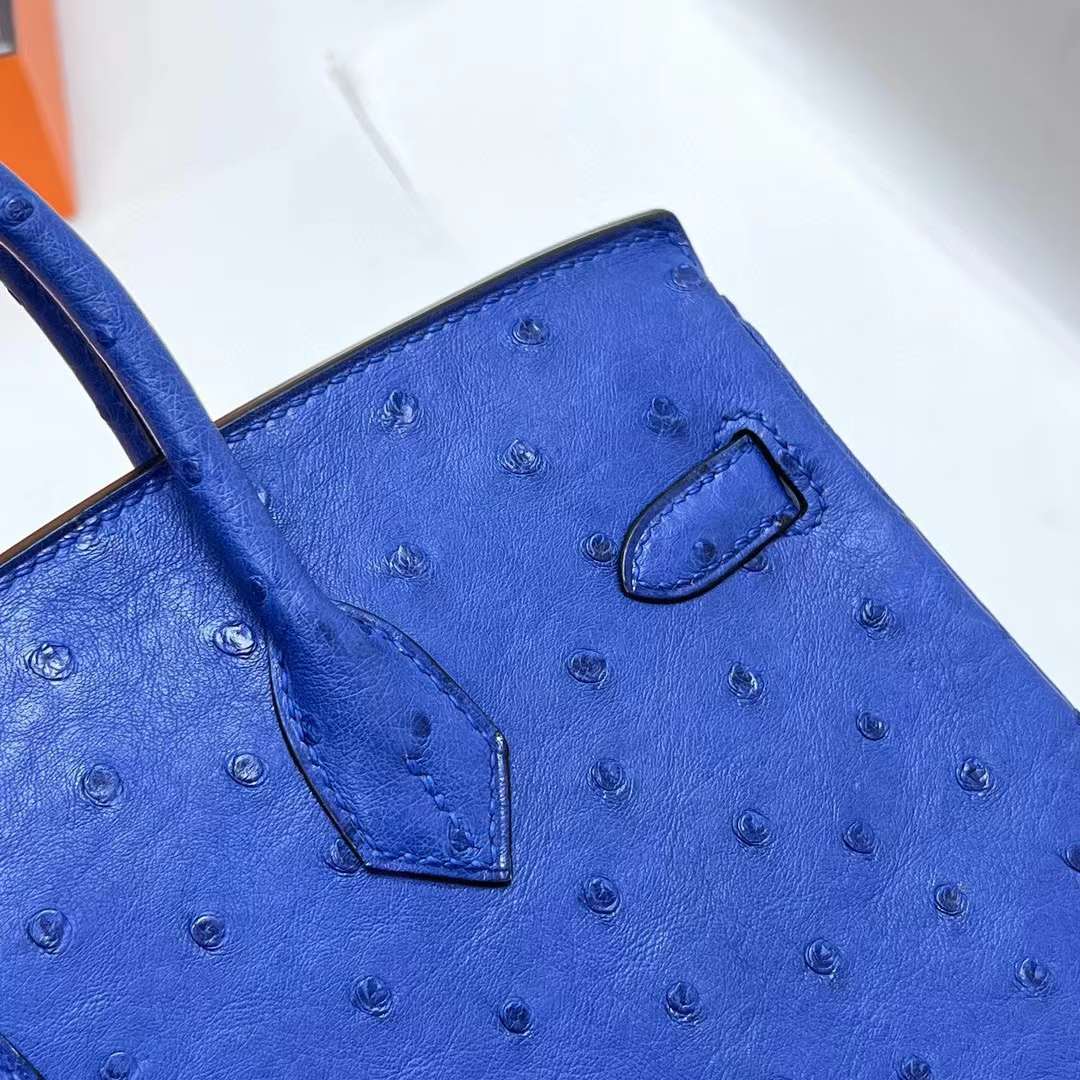 Hermès（爱马仕）Birkin 铂金包 Ostrich 进口鸵鸟皮 7T 电光蓝 金扣 25cm 全手工蜡线缝制 Ghw