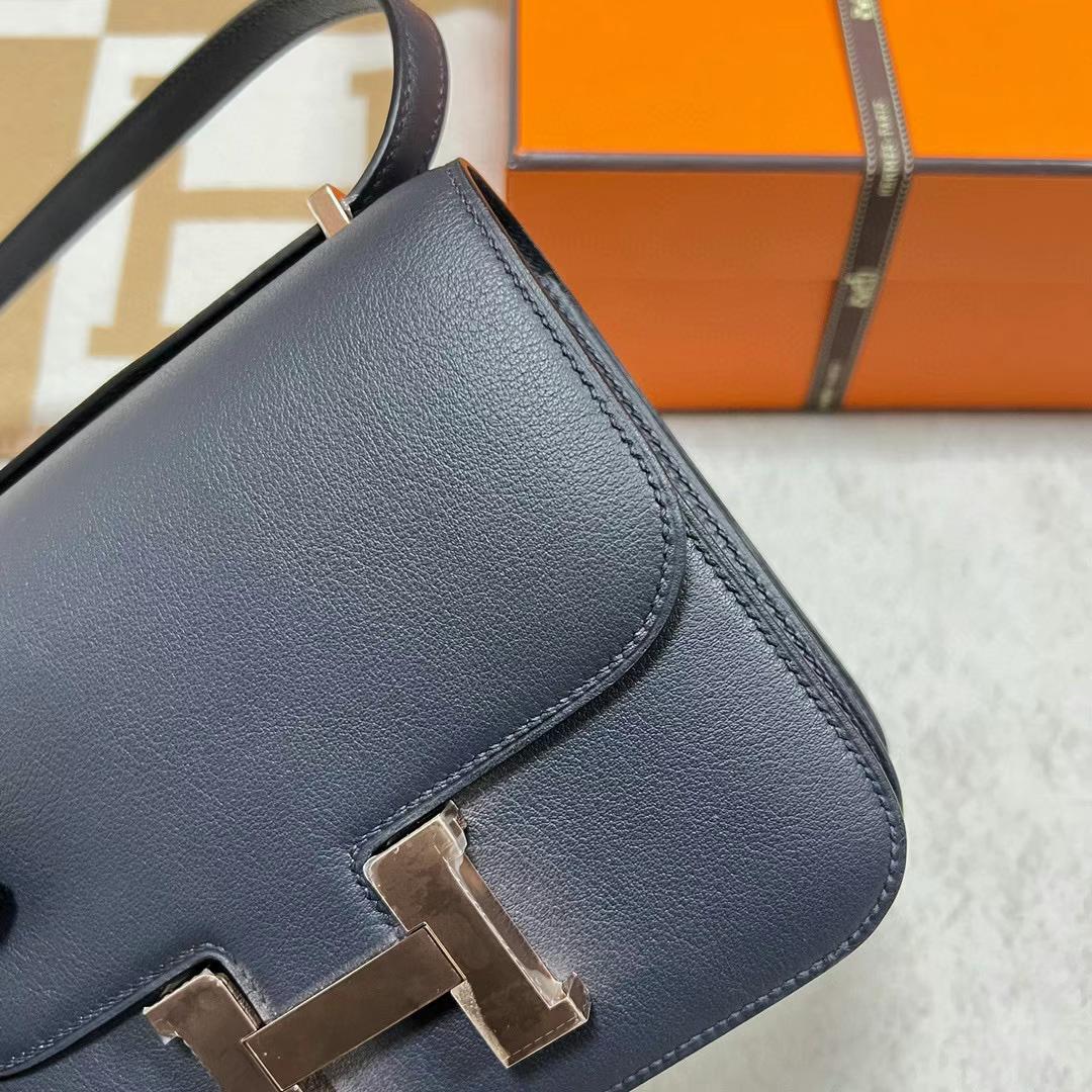 Hermès（爱马仕）Constance 空姐包 Swift Ck76 深海蓝 玫瑰金扣 19cm Rghw 全手工蜡线缝制