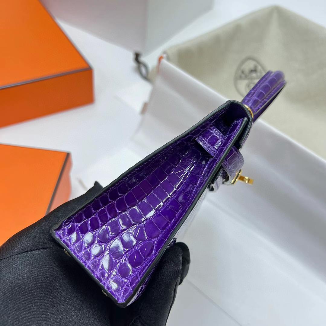 Hermès（爱马仕）Mini Kelly 迷你凯莉 亮面美洲鳄鱼 shiny alligator crocodile 5L 极度紫 金扣 19cm 全手工蜡线缝制 ghw