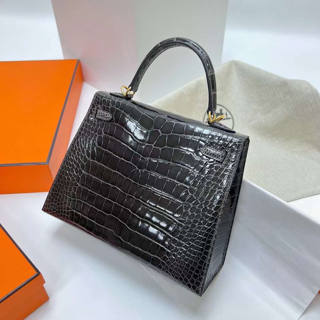 Hermès（爱马仕）Kelly 凯莉包 亮面美洲鳄鱼 shiny alligator crocodile Ck88 石墨灰 金扣 25cm 全手工缝制 Ghw