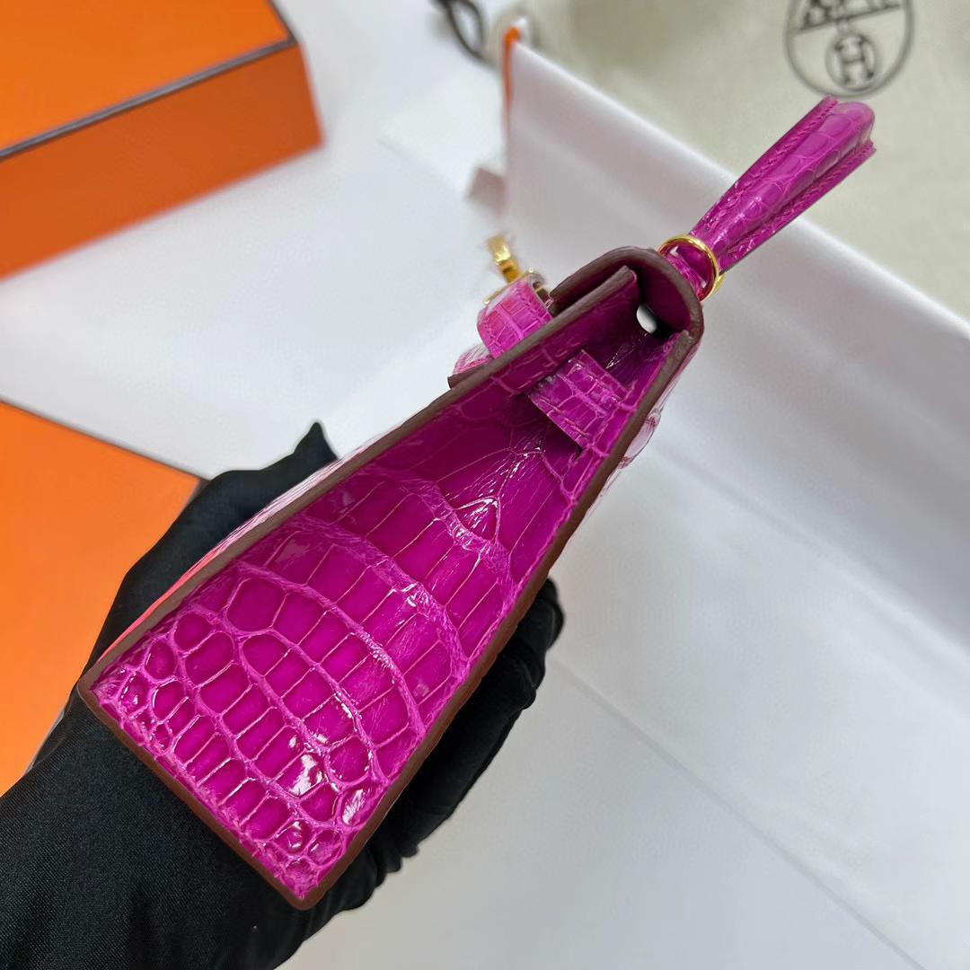 Hermès（爱马仕）Mini Kelly 迷你凯莉 亮面美洲鳄鱼 shiny alligator crocodile  J5 天方夜谭粉紫 金扣 19cm 全手工蜡线缝制 ghw