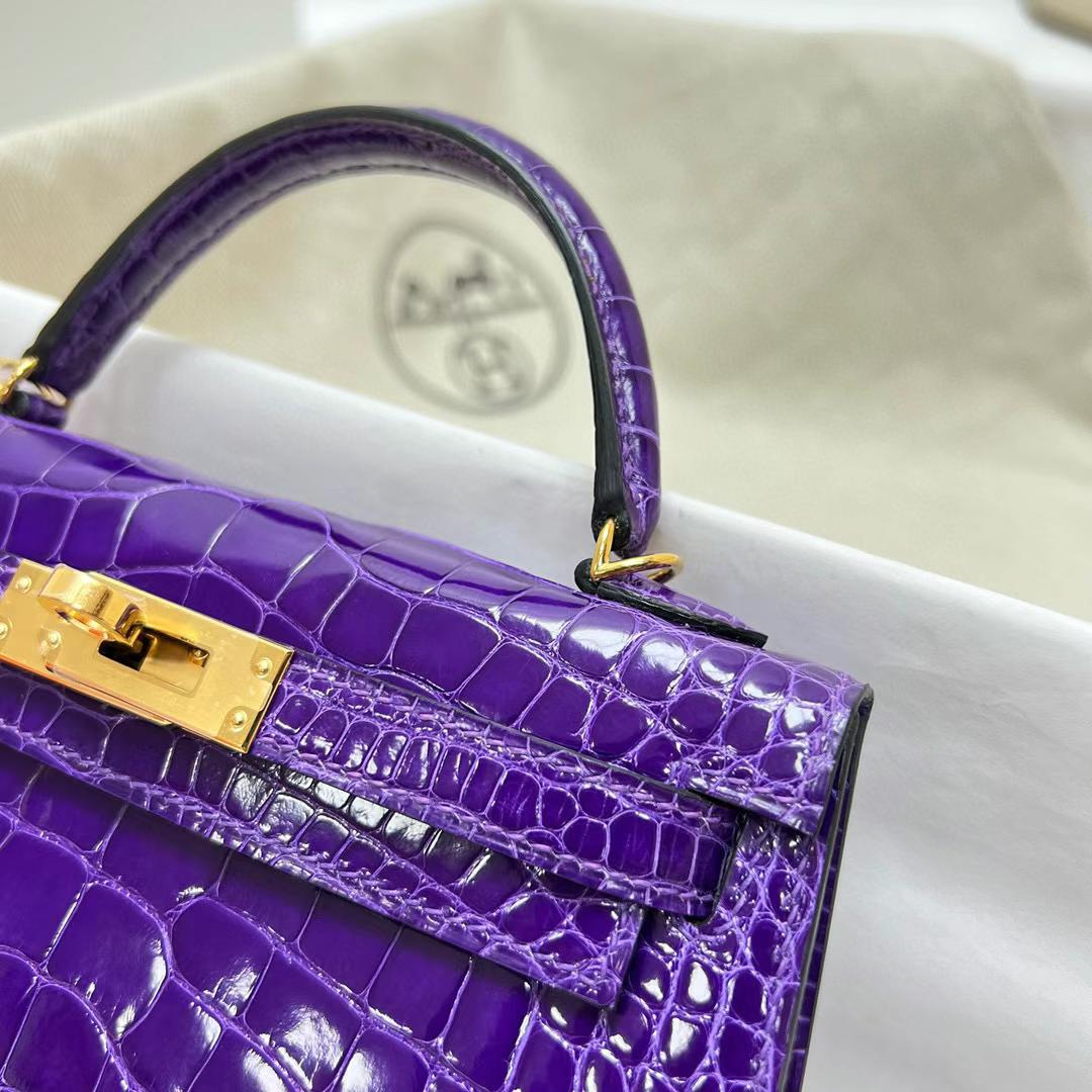 Hermès（爱马仕）Mini Kelly 迷你凯莉 亮面美洲鳄鱼 shiny alligator crocodile 5L 极度紫 金扣 19cm 全手工蜡线缝制 ghw