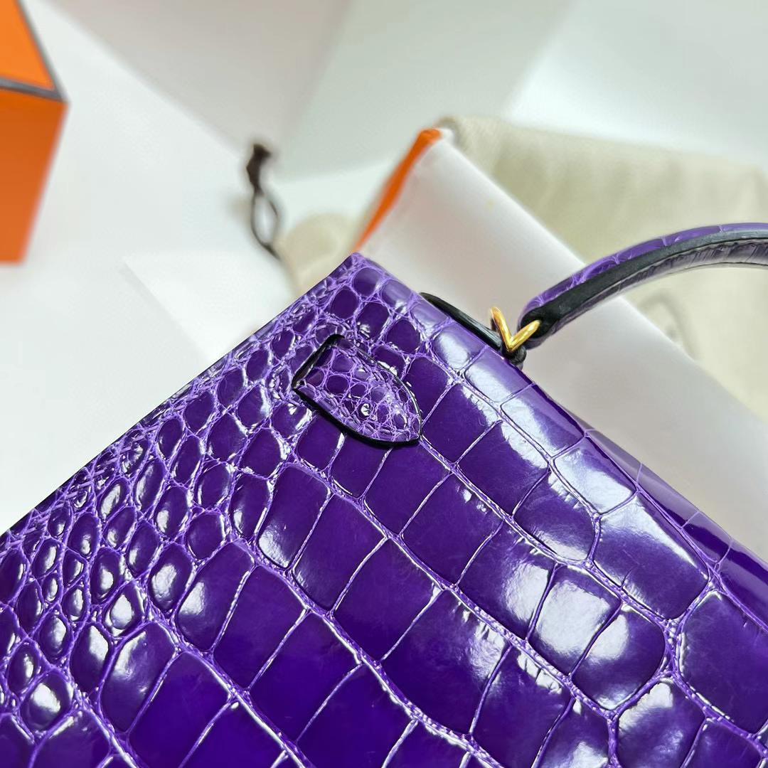Hermès（爱马仕）Mini Kelly 迷你凯莉 亮面美洲鳄鱼 shiny alligator crocodile 5L 极度紫 金扣 19cm 全手工蜡线缝制 ghw