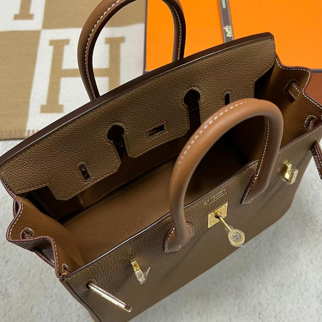 Hermès（爱马仕）Birkin 铂金包 Togo 3G 栗子棕 拼 Ck37 金棕色 金扣 25cm 全手工蜡线缝制 Ghw