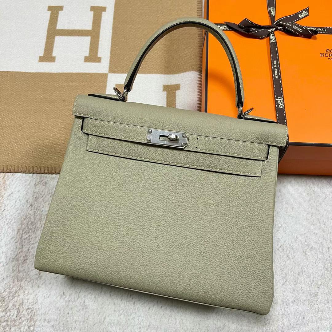 Hermès（爱马仕）Kelly 凯莉包 Togo皮 Q1 鼠尾草绿 银扣 28cm 全手工蜡线缝制 Phw