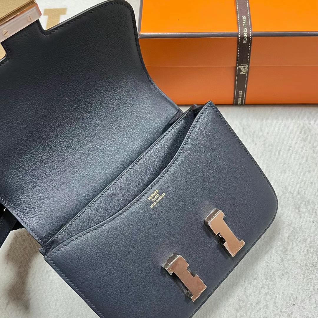 Hermès（爱马仕）Constance 空姐包 Swift Ck76 深海蓝 玫瑰金扣 19cm Rghw 全手工蜡线缝制