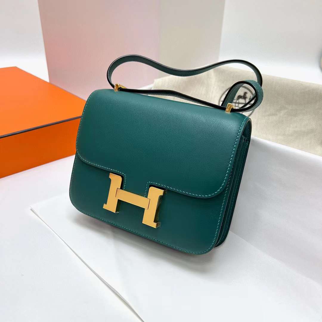 Hermès（爱马仕）Constance 空姐包 Swift Z6 孔雀绿 金扣 19cm 全手工蜡线缝制 ghw