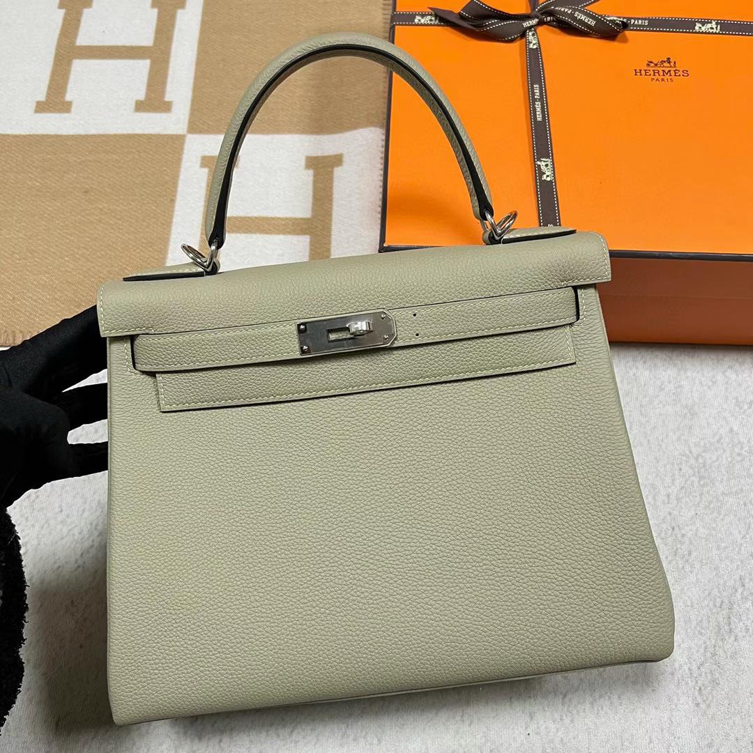 Hermès（爱马仕）Kelly 凯莉包 Togo皮 Q1 鼠尾草绿 银扣 28cm 全手工蜡线缝制 Phw