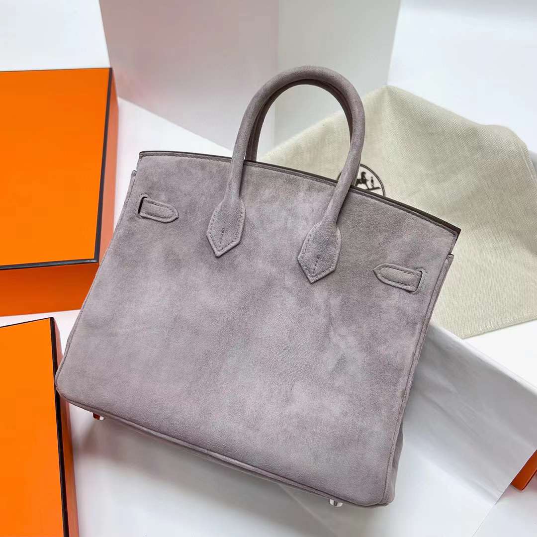 Hermès（爱马仕）Birkin 铂金包 Suede 麂皮 灰色 银扣 25cm 全手工蜡线缝制 Phw