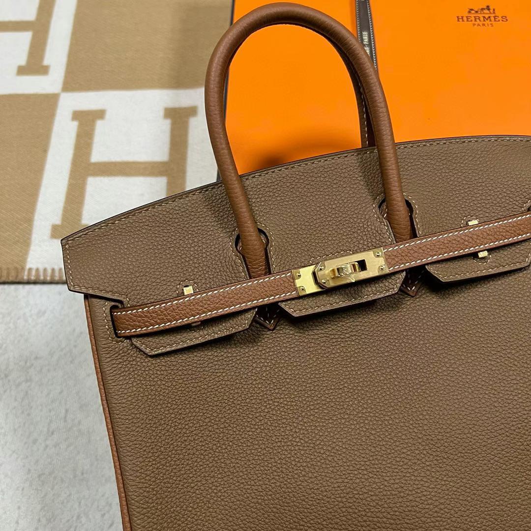 Hermès（爱马仕）Birkin 铂金包 Togo 3G 栗子棕 拼 Ck37 金棕色 金扣 25cm 全手工蜡线缝制 Ghw