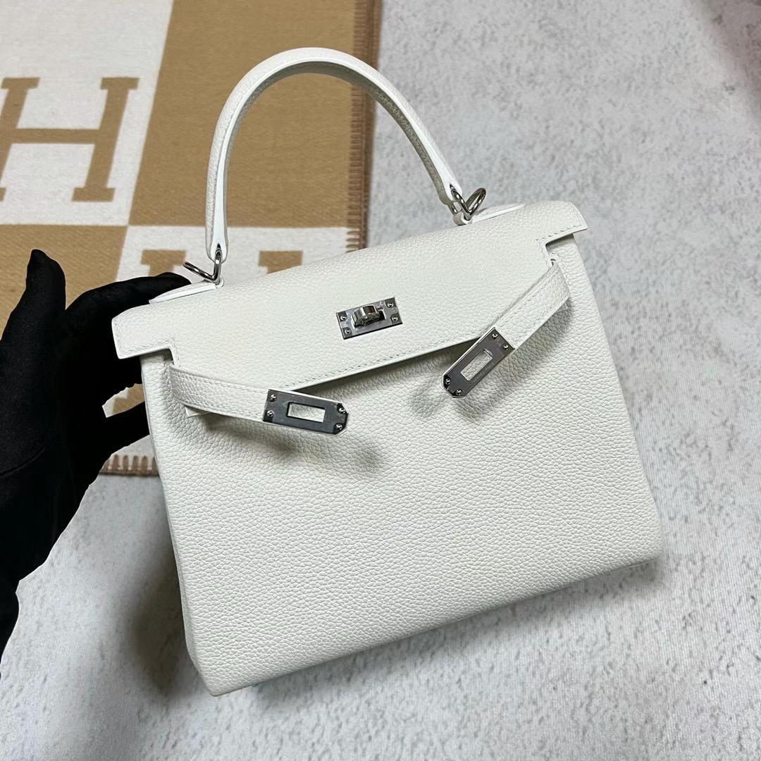 Hermès（爱马仕）Kelly 凯莉包 Togo皮 01 纯白 全手工蜡线缝制 银扣 PHW 25cm