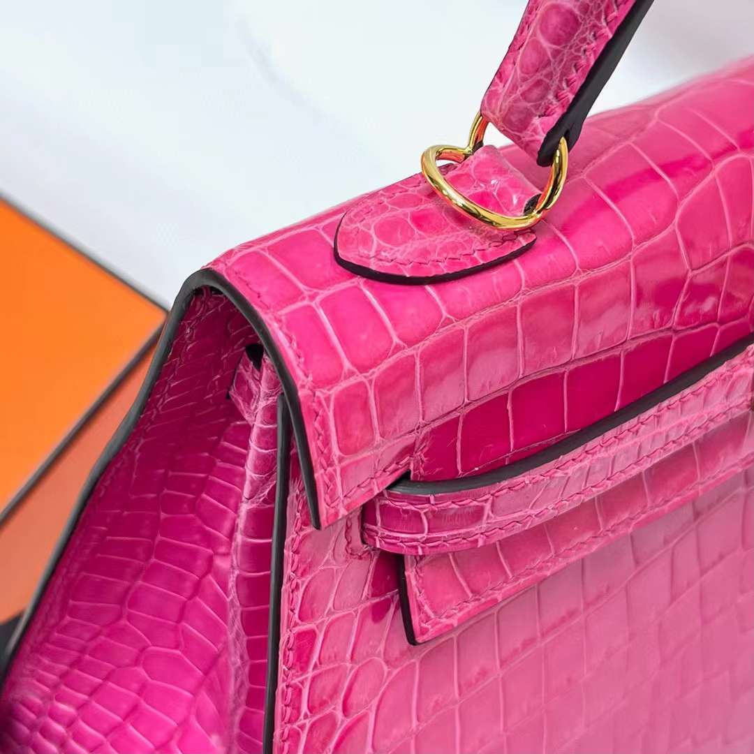 Hermès（爱马仕）Kelly 凯莉包 亮面倒v澳洲湾鳄 Shiny Porosus Crocodile 蜜桃粉 金扣 25cm 全手工缝制 Ghw